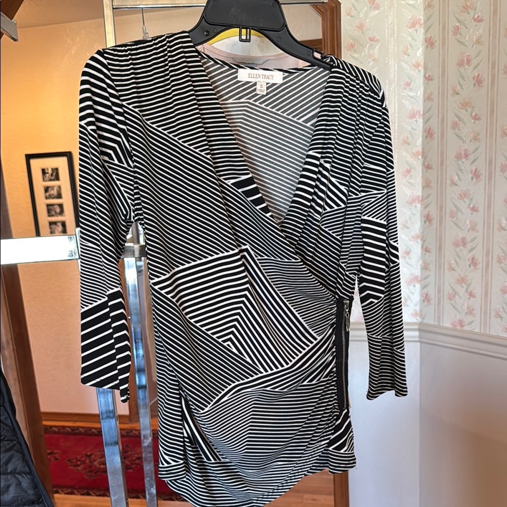 Ellen Tracy Black and White Striped Blouse